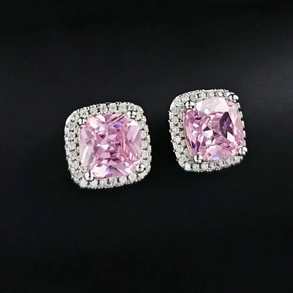 Square Pink Sapphire & Rhinestone Earrings